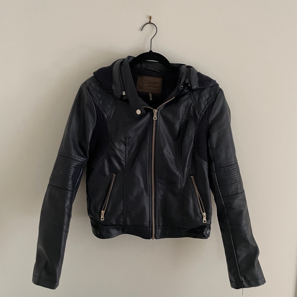 Fleece lined leather-style jacket with hood